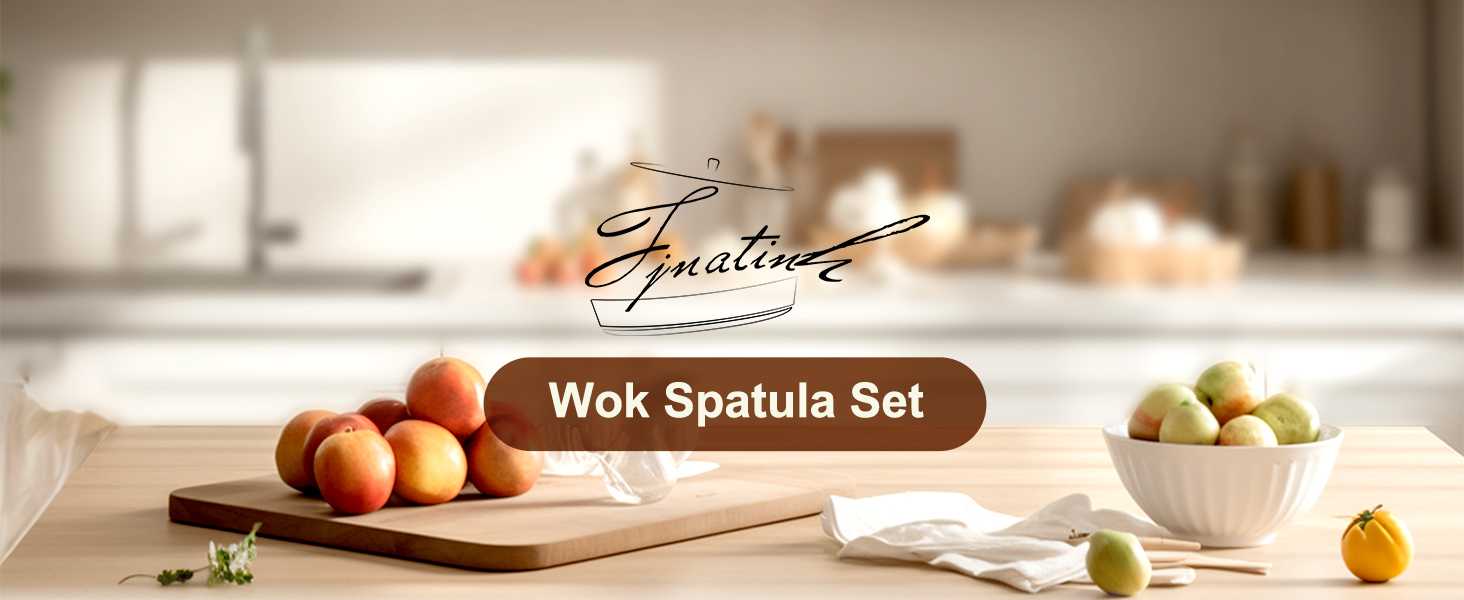 FJNATINH Wok Utensils - Wok tTools - Spatula and Ladle, Skimmer Spoon Set Metal 304 Stainless Steel Kitchen Cooking Utensils Sets, 3-Pieces Wok Tools, Wooden Handle 14-15 Inch