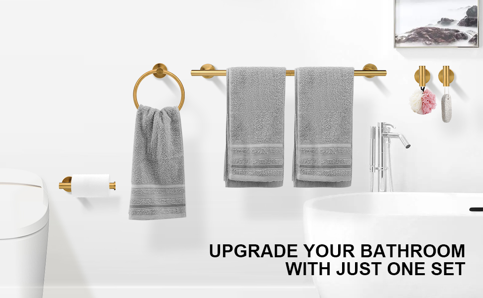Brushed Gold Bathroom Hardware Accessories Set 5 Piece, Stainless Steel Bath Towel Bar Set 24 Inch,Toilet Paper Holder,Towel Ring Holder,Towel Rack Set,Gold Bathroom Accessories Kit