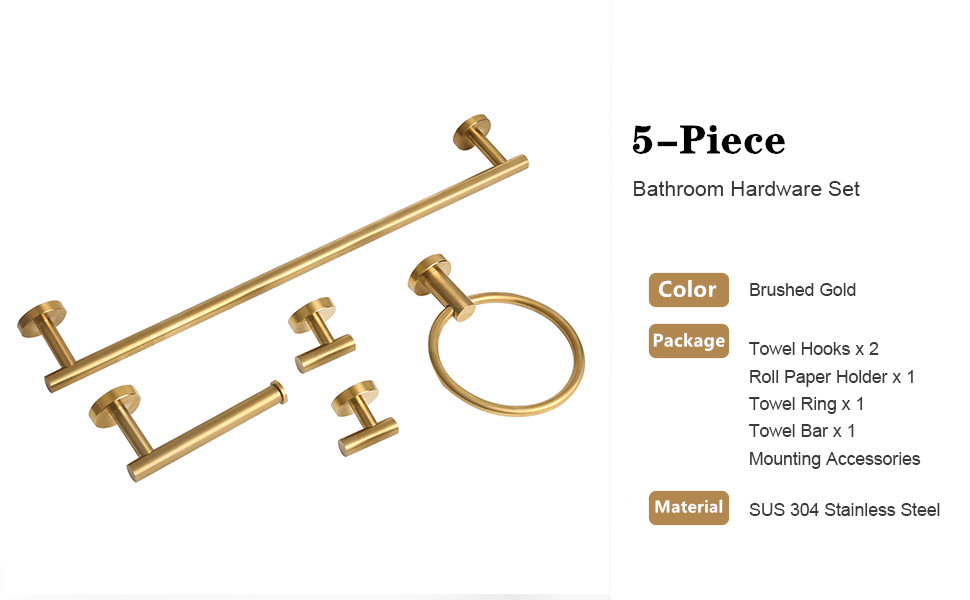 Brushed Gold Bathroom Hardware Accessories Set 5 Piece, Stainless Steel Bath Towel Bar Set 24 Inch,Toilet Paper Holder,Towel Ring Holder,Towel Rack Set,Gold Bathroom Accessories Kit
