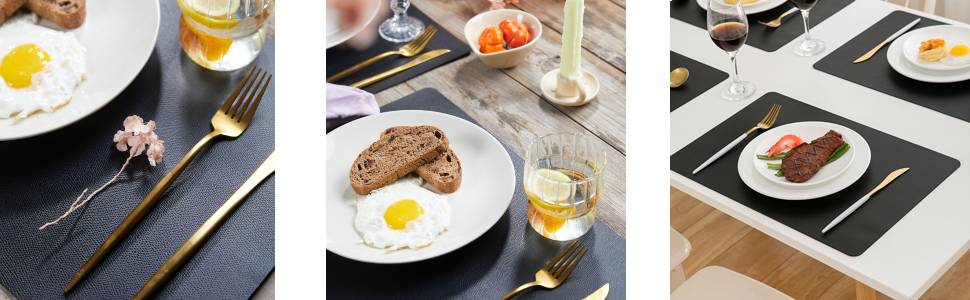 DOLOPL Black Placemats Set of 6, Faux Leather Heat Resistant Table Placemat for Dining Table Protection, Waterproof Wipeable & Washable Kitchen Table Mats for Everyday Dining,Party,BBQ,Holiday