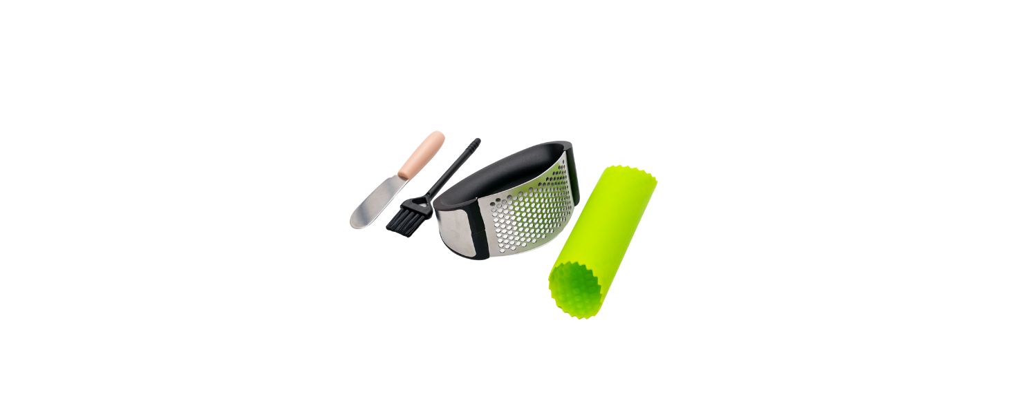 Garlic press rocker, crusher, mincer tool stainless steel with a Garlic Peeler, spatula, and Brush extract more Garlic Paste. The Garlic Mincer Tool Squeezes, Extracts, Crushes