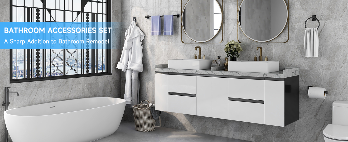 Matte Black Bathroom Accessories Set, KLJKPA 4 Pieces Bathroom Hardware Set, 24 inch Towel Bar, Towel Racks for Bathroom, Robe Towel Hooks, Toilet Paper Holder Wall Mounted