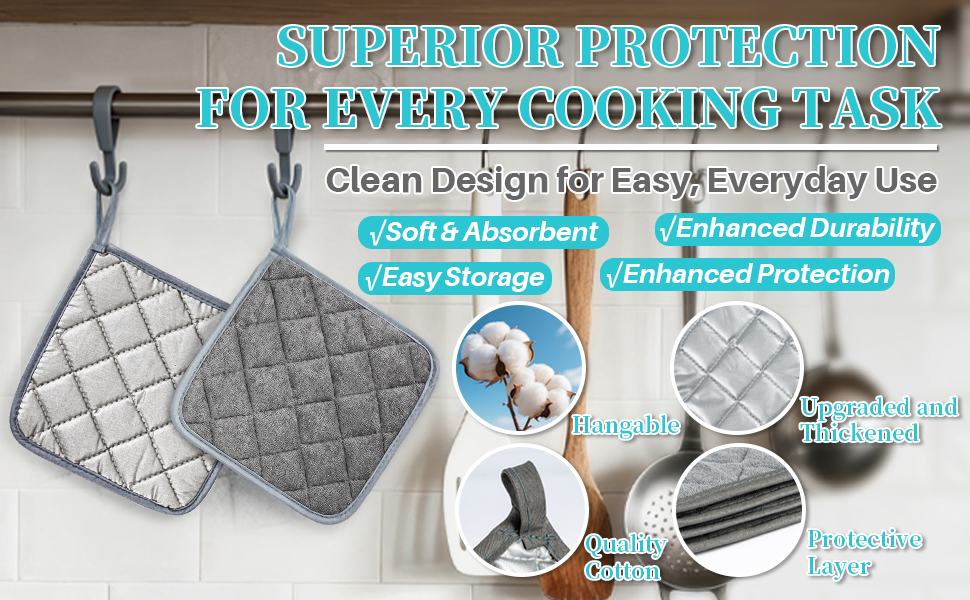 MAQIHAN Pot Holders for Kitchen - 4 PCS Cotton Pot Holder Set Hot Pads for Kitchen and Dining Essentials Decor and Accessories Gray 7 Inch Terry Cloth for Oven Cooking Baking Pans