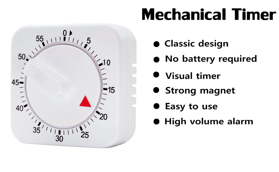 Square 60 Minute Mechanical Kitchen Timer - Visual Kitchen Cooking Timer Clock with Loud Alarm - No Batteries Required-Manual Countdown Timer for Classroom, Home, Study and Cooking (White)