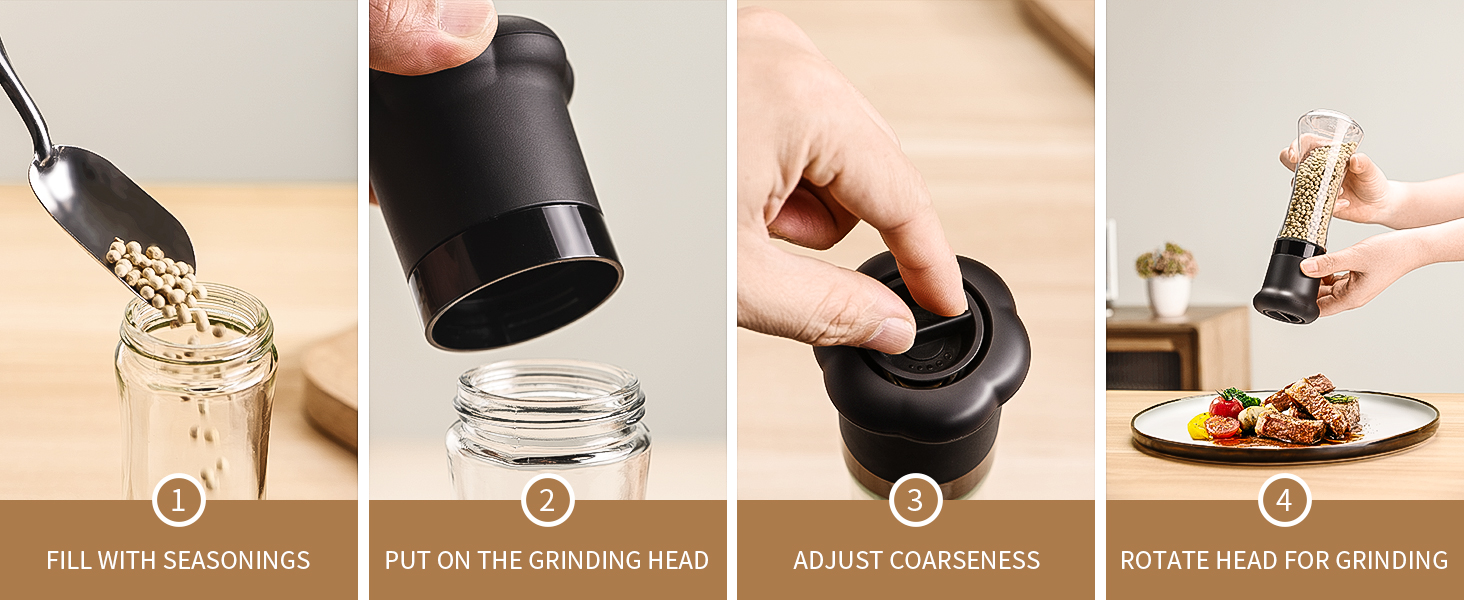 CIRCLE JOY Manual Pepper Grinder, Spice Mill for Professional Chef, Refillable Pepper Shakers with Ceramic Blades, Adjustable Coarseness and BPA-free 180ml Glass Container, Tall Black