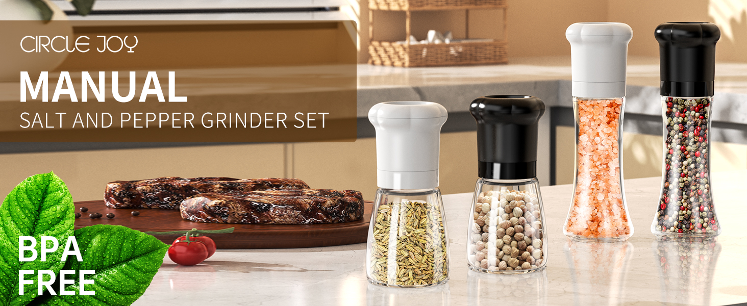 CIRCLE JOY Manual Pepper Grinder, Spice Mill for Professional Chef, Refillable Pepper Shakers with Ceramic Blades, Adjustable Coarseness and BPA-free 180ml Glass Container, Tall Black