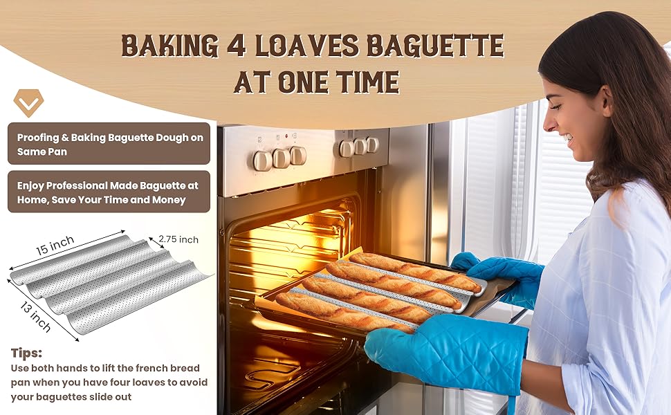 Baguette Bread Pan, Premium Nonstick Perforated Baguette Pan for French Bread Baking, 4 Loaves Baguette Baking Tray for Sourdough, Italian Bread, Perfect for Creating Crisp Golden-Brown Crust