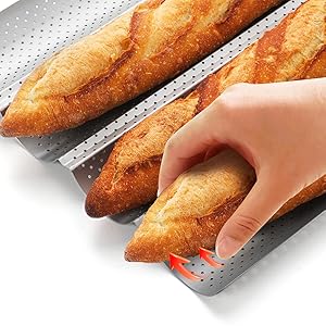 Baguette Bread Pan, Premium Nonstick Perforated Baguette Pan for French Bread Baking, 4 Loaves Baguette Baking Tray for Sourdough, Italian Bread, Perfect for Creating Crisp Golden-Brown Crust
