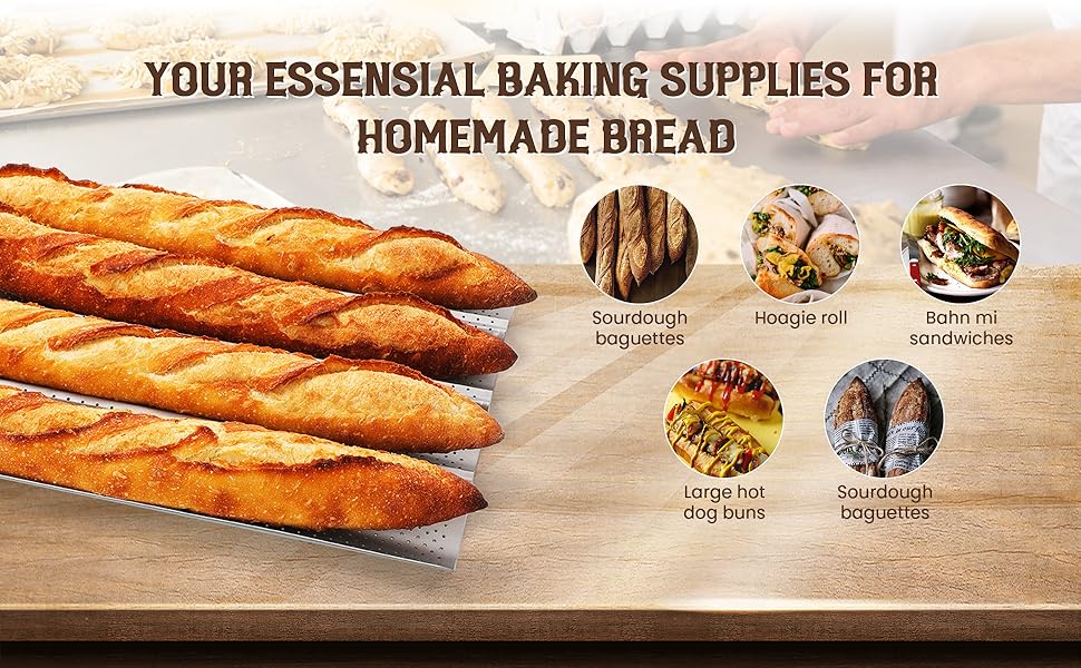 Baguette Bread Pan, Premium Nonstick Perforated Baguette Pan for French Bread Baking, 4 Loaves Baguette Baking Tray for Sourdough, Italian Bread, Perfect for Creating Crisp Golden-Brown Crust