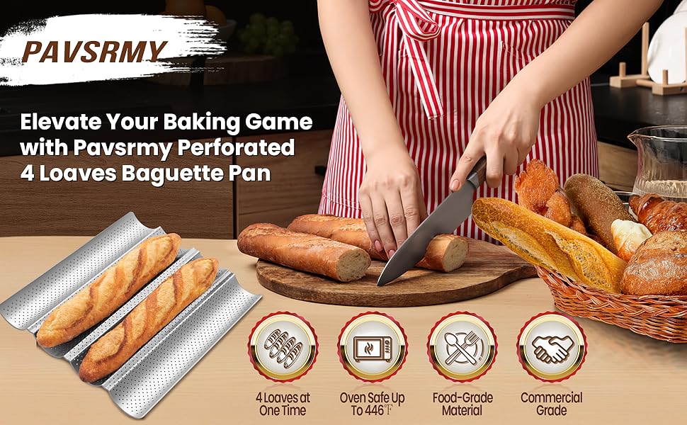 Baguette Bread Pan, Premium Nonstick Perforated Baguette Pan for French Bread Baking, 4 Loaves Baguette Baking Tray for Sourdough, Italian Bread, Perfect for Creating Crisp Golden-Brown Crust