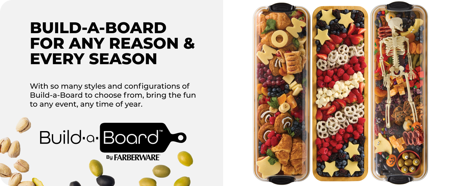 Farberware Build-A-Board Bamboo Cutting Board with Single Storage Compartment, Clear Locking Lid, Black Handles, Perfect for Charcuterie & Snacks