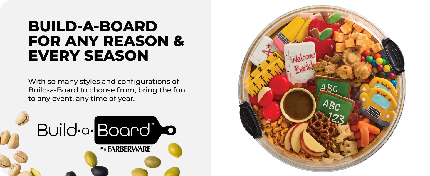 Farberware Build-A-Board Bamboo Cutting Board with Single Storage Compartment, Clear Locking Lid, Black Handles, Perfect for Charcuterie & Snacks