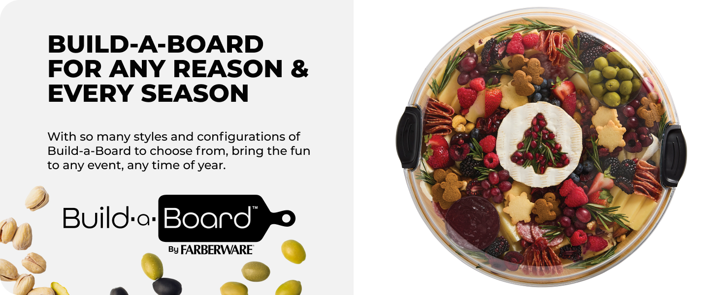 Farberware Build-A-Board Bamboo Cutting Board with Single Storage Compartment, Clear Locking Lid, Black Handles, Perfect for Charcuterie & Snacks