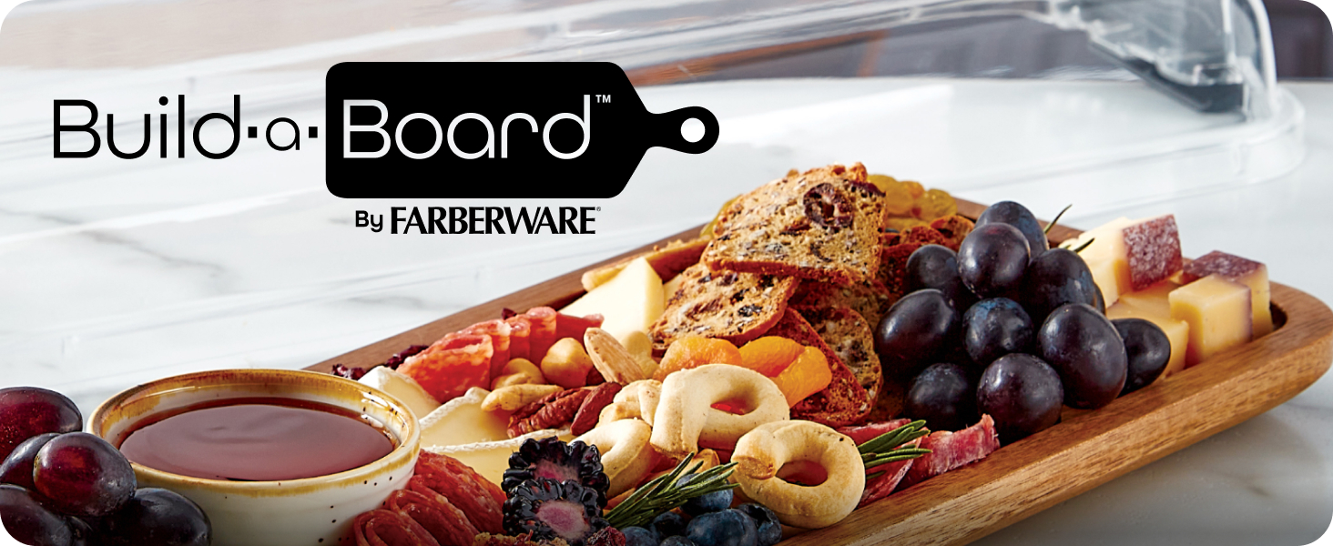 Farberware Build-A-Board Bamboo Cutting Board with Single Storage Compartment, Clear Locking Lid, Black Handles, Perfect for Charcuterie & Snacks
