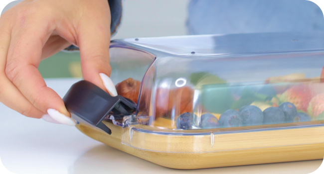 Farberware Build-A-Board Bamboo Cutting Board with Single Storage Compartment, Clear Locking Lid, Black Handles, Perfect for Charcuterie & Snacks