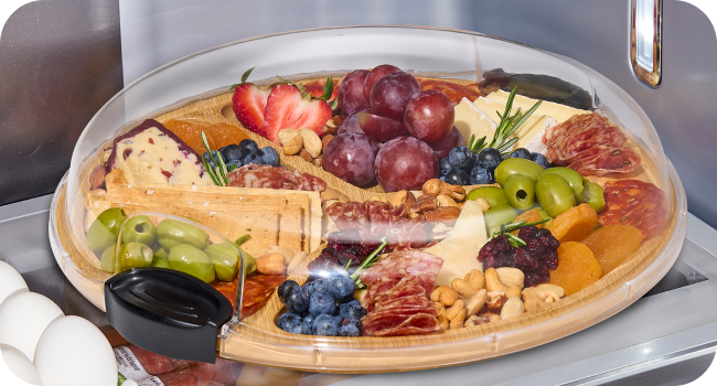 Farberware Build-A-Board Bamboo Cutting Board with Single Storage Compartment, Clear Locking Lid, Black Handles, Perfect for Charcuterie & Snacks