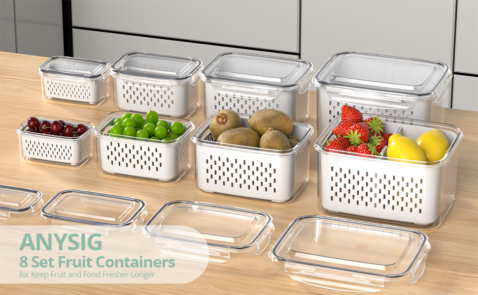 Fruit Storage Containers for Fridge with Removable Colander, 8 Pack Fruit Containers for Fridge with 2 Function Divider Plate, Airtight Storage Container to Keep Berry Fruit Fresh, Dishwasher Safe