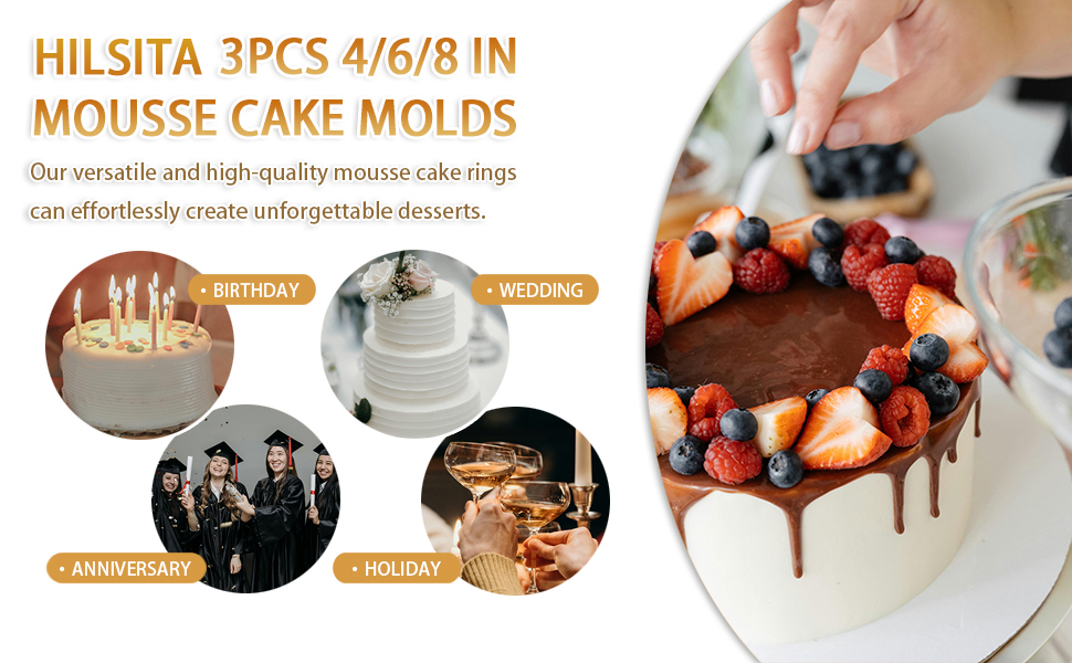 3Pcs Cake Molds for Baking, Stainless Steel Mousse Cake Rings, Mousse Ring Mold Round for Bakeware Tools-4/6/8in (2.36''H)