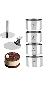 8 Pcs Cake Ring Molds, Seamless Stainless Steel Cake Cutter For Baking, 3 inch Cooking Rings with Pusher & Lifter, Dessert Mousse Molds Baking Tools, Includes 1 Pusher, 1 Lifter and 6 Rings