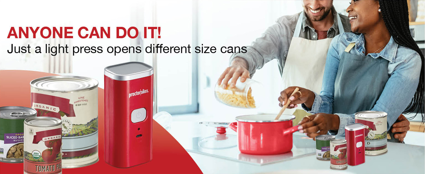 Proctor Silex Automatic Electric Can Opener, Hands Free Cordless Operation & USB Rechargeable, Self-Aligning, Cut Smooth Touch Lid Edges, Compact and Easy to Store, Red
