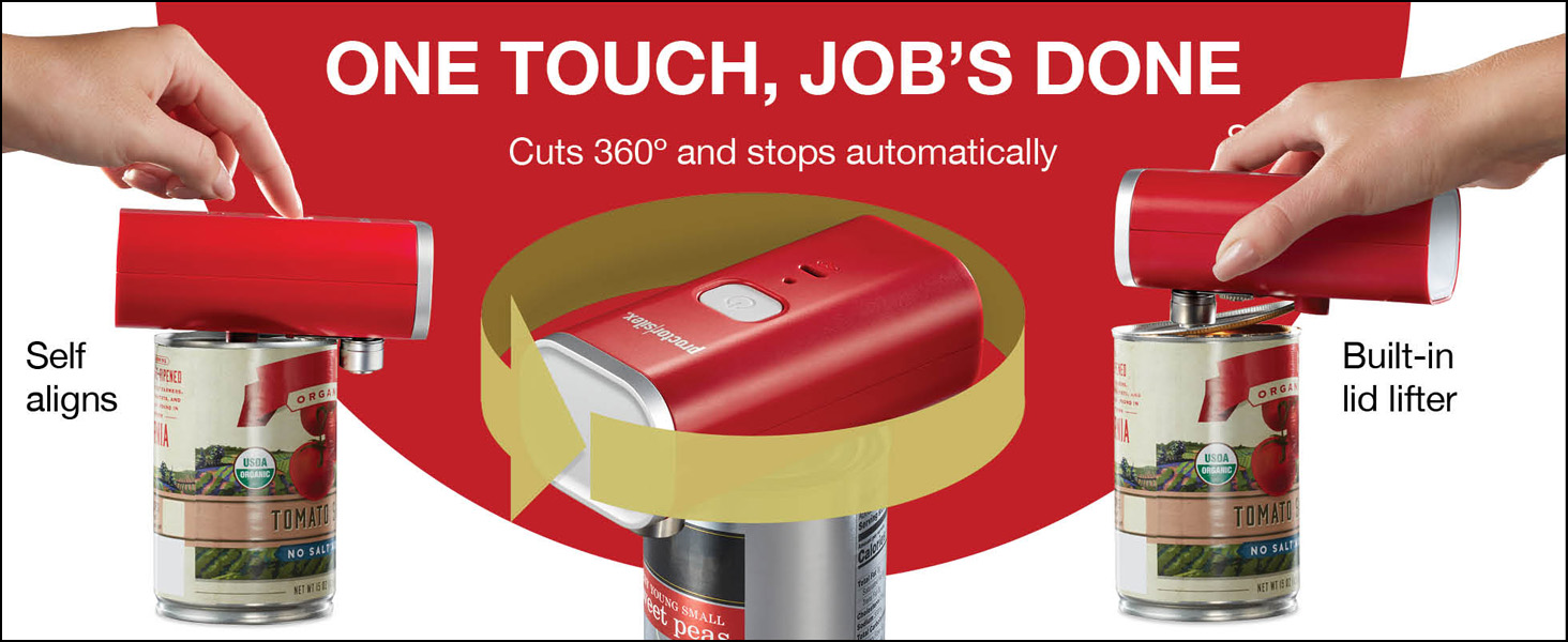 Proctor Silex Automatic Electric Can Opener, Hands Free Cordless Operation & USB Rechargeable, Self-Aligning, Cut Smooth Touch Lid Edges, Compact and Easy to Store, Red