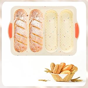 French Bread Hoagie Sub Roll Baking Pans 4-slot, Non Stick Silicone Mould Mold Tray for Sandwich Baguette Hot Dog Bun Loaf Food, Mini Tool Set for Restaurant Homemade Household Breakfast Dinner-Beige