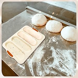 French Bread Hoagie Sub Roll Baking Pans 4-slot, Non Stick Silicone Mould Mold Tray for Sandwich Baguette Hot Dog Bun Loaf Food, Mini Tool Set for Restaurant Homemade Household Breakfast Dinner-Beige