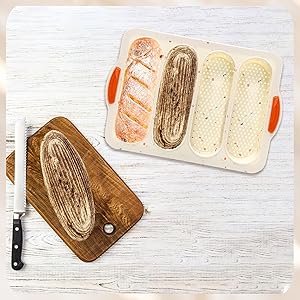 French Bread Hoagie Sub Roll Baking Pans 4-slot, Non Stick Silicone Mould Mold Tray for Sandwich Baguette Hot Dog Bun Loaf Food, Mini Tool Set for Restaurant Homemade Household Breakfast Dinner-Beige