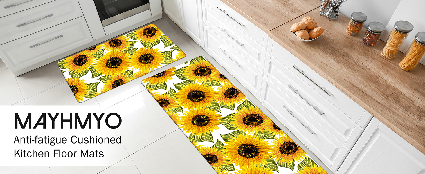 MAYHMYO Sunflower Kitchen Mat Set of 2 - Anti Fatigue Mats for Kitchen Floor - Non Slip Cushioned Rugs for Standing - Sunflower Decor (17.3