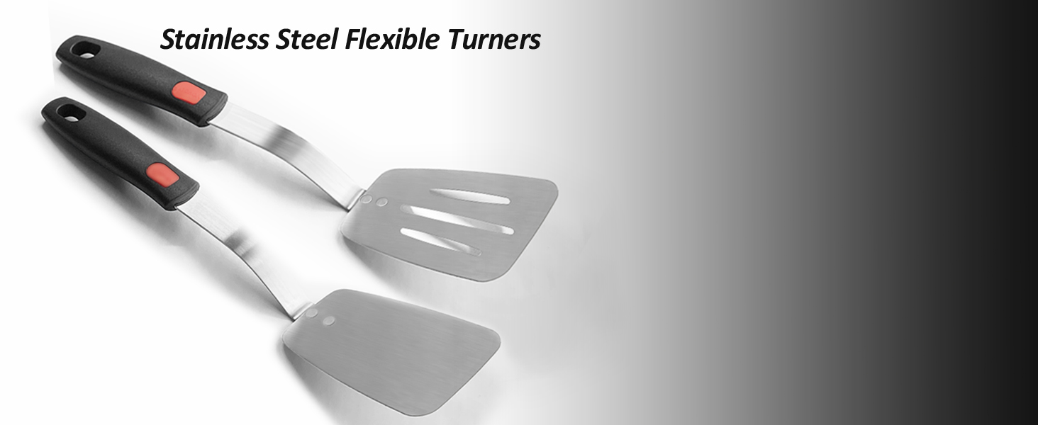 Stainless Steel Flexible Spatula Solid Turner, XiaoZu Thin Metal Spatula for Cast Iron Skillet, Thin Blade and Heat Resistant Silicone Handle, Great for Egg, Cookie, Meat, Crep, Medium + Large