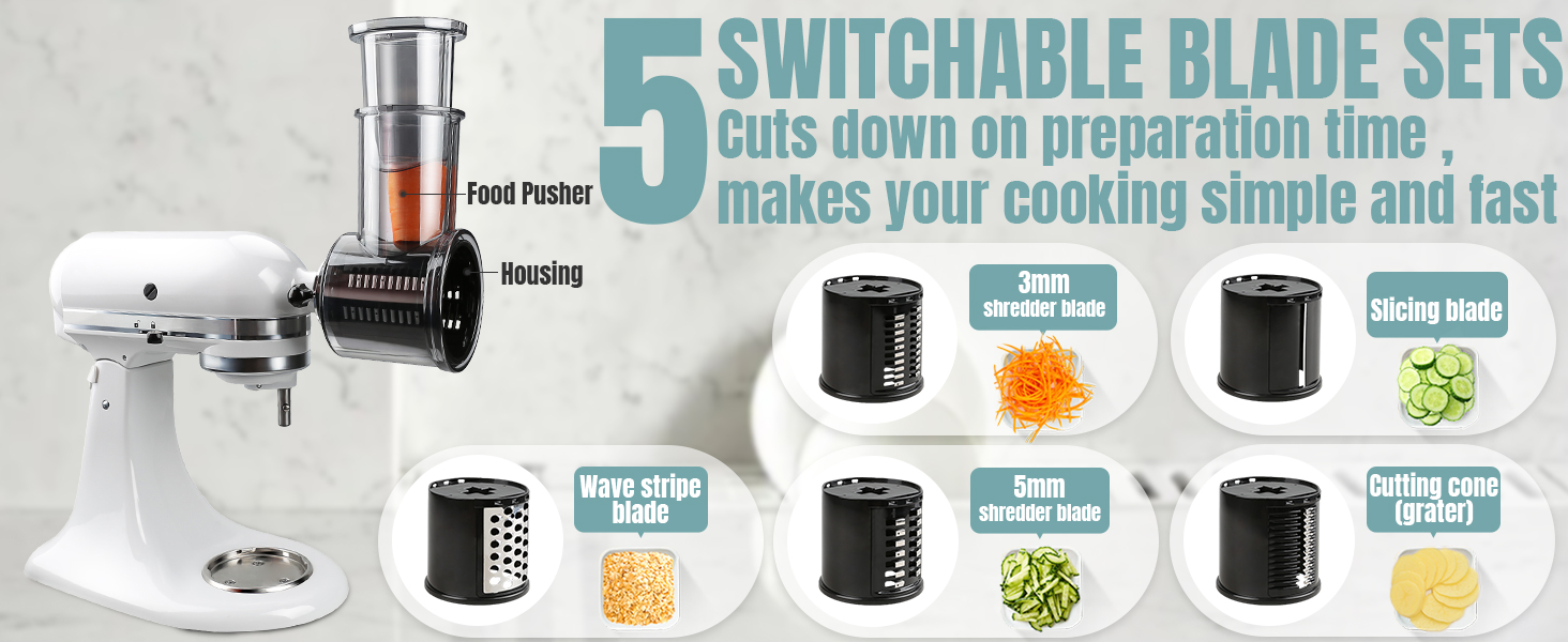Stainless Steel Slicer Shredder Attachments for KitchenAid Stand Mixers, Vegetable Shredder, Cheese Grater, Salad Maker, Food Slicers Chopper Grinding Powder Accessories with Detachable 5 Blades