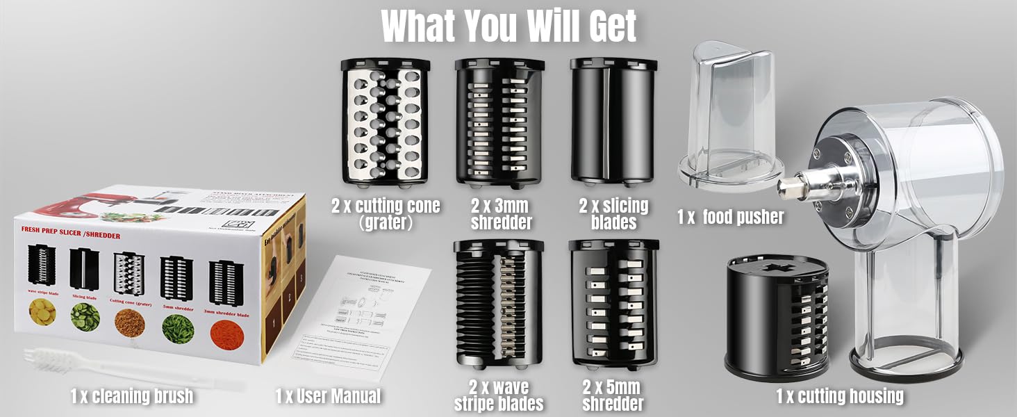 Stainless Steel Slicer Shredder Attachments for KitchenAid Stand Mixers, Vegetable Shredder, Cheese Grater, Salad Maker, Food Slicers Chopper Grinding Powder Accessories with Detachable 5 Blades