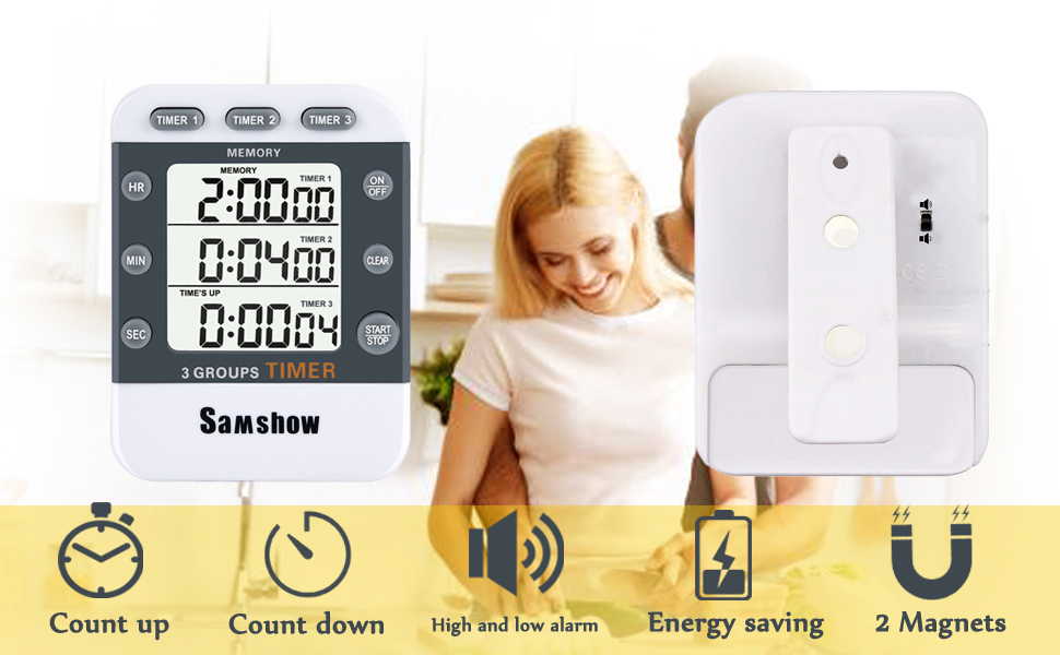 Digital Kitchen Timer Dual Timers 3 Channels Count UP/Down Cooking Timer Large Display, Adjustable Volume Alarm with Magnetic Back, Stand, Battery Included