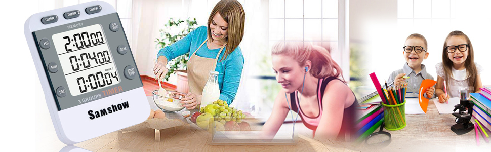 Digital Kitchen Timer Dual Timers 3 Channels Count UP/Down Cooking Timer Large Display, Adjustable Volume Alarm with Magnetic Back, Stand, Battery Included