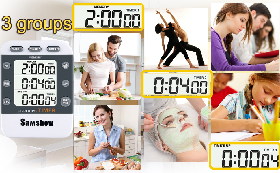 Digital Kitchen Timer Dual Timers 3 Channels Count UP/Down Cooking Timer Large Display, Adjustable Volume Alarm with Magnetic Back, Stand, Battery Included