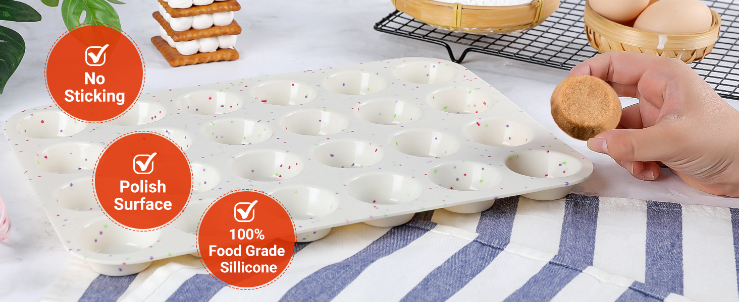 CAKETIME Silicone Mini Muffin Pan, 24 Cups Nonstick Mini Cupcake Pan for Baking Muffin, Cupcake, Egg Bites, Fat Bomb, 1 Pack Confetti