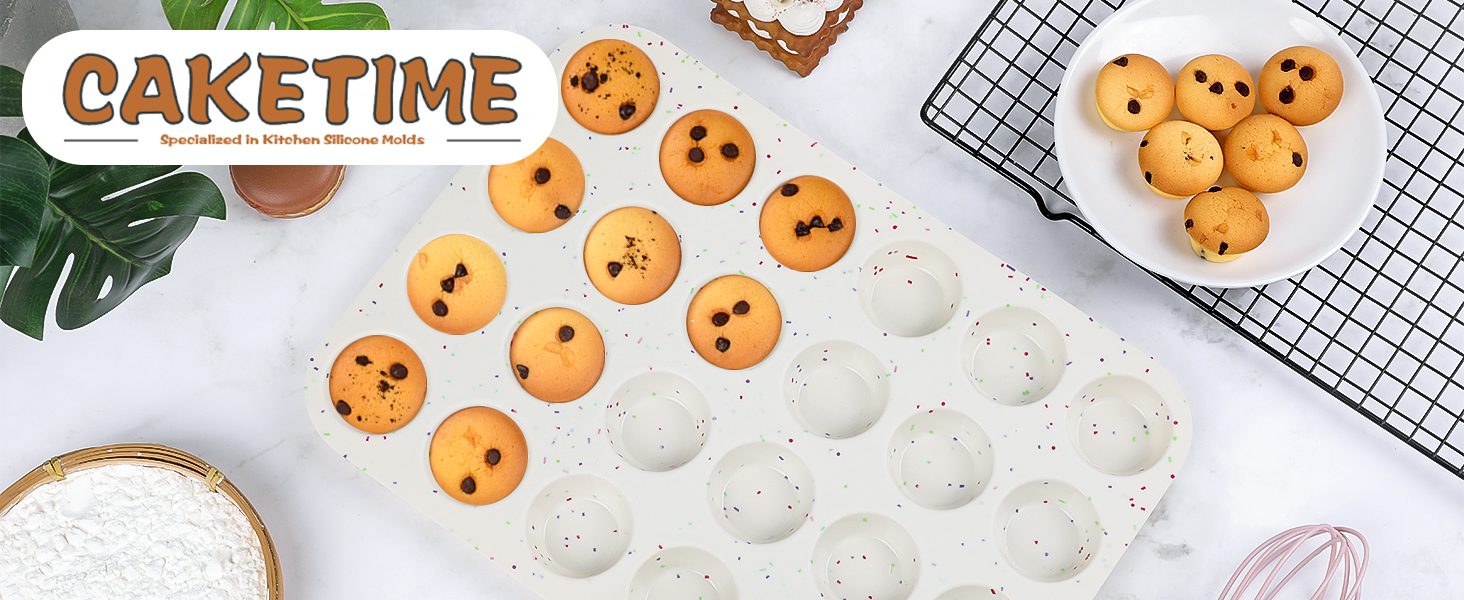 CAKETIME Silicone Mini Muffin Pan, 24 Cups Nonstick Mini Cupcake Pan for Baking Muffin, Cupcake, Egg Bites, Fat Bomb, 1 Pack Confetti