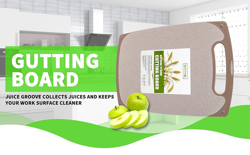 Cutting Board for Kitchen, Wheat Straw Fiber Cutting Board, Dish Washer Safe, w/Juice Grooves for Meat, Veggies, Easy Grip Handle, Non-slip Surface Eco-friendly Serveware Accessories （10‘x6.3’）