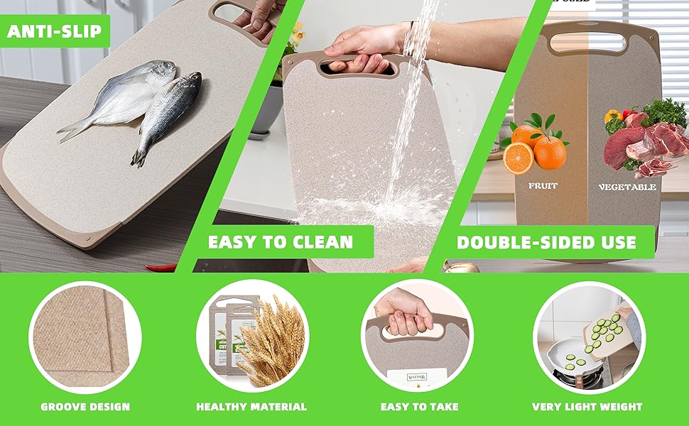 Cutting Board for Kitchen, Wheat Straw Fiber Cutting Board, Dish Washer Safe, w/Juice Grooves for Meat, Veggies, Easy Grip Handle, Non-slip Surface Eco-friendly Serveware Accessories （10‘x6.3’）