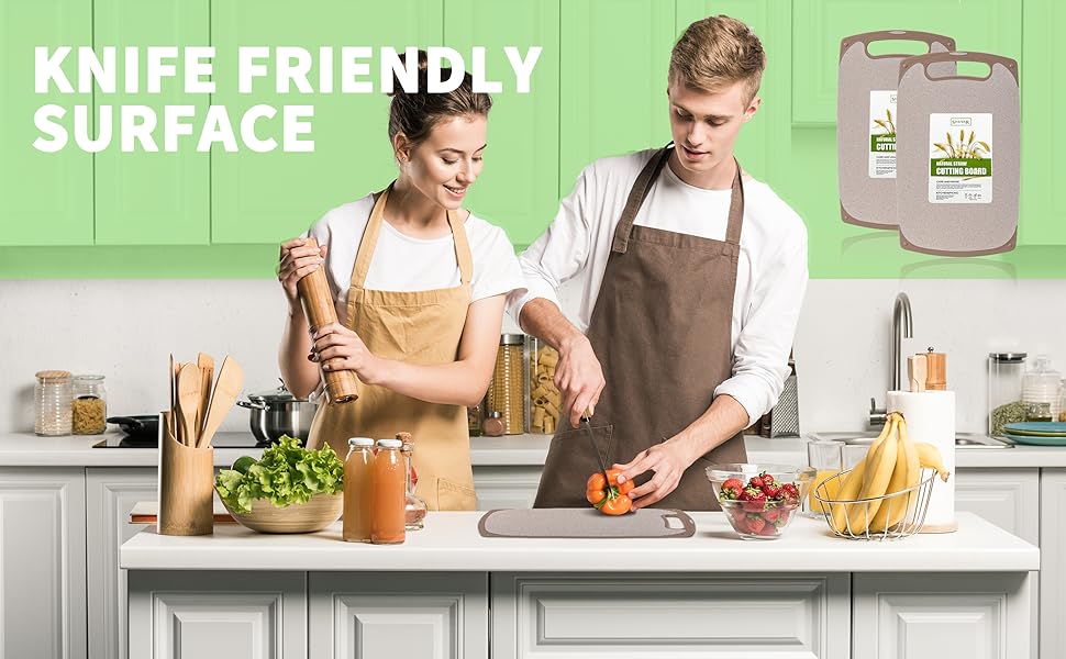 Cutting Board for Kitchen, Wheat Straw Fiber Cutting Board, Dish Washer Safe, w/Juice Grooves for Meat, Veggies, Easy Grip Handle, Non-slip Surface Eco-friendly Serveware Accessories （10‘x6.3’）