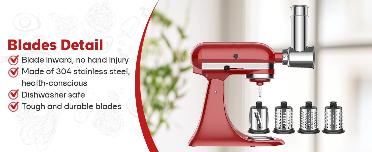 Stainless Steel Slicer Shredder Attachment for Kitchenaid Stnad Mixer, Cheese Grater Attachment for KitchenAid - 4 Blades Salad Maker with Grinding Powder Function by FGREEBLE