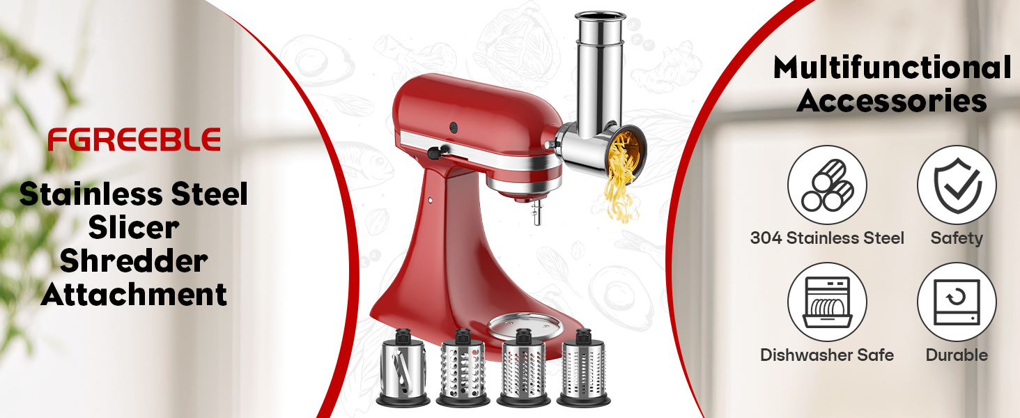 Stainless Steel Slicer Shredder Attachment for Kitchenaid Stnad Mixer, Cheese Grater Attachment for KitchenAid - 4 Blades Salad Maker with Grinding Powder Function by FGREEBLE