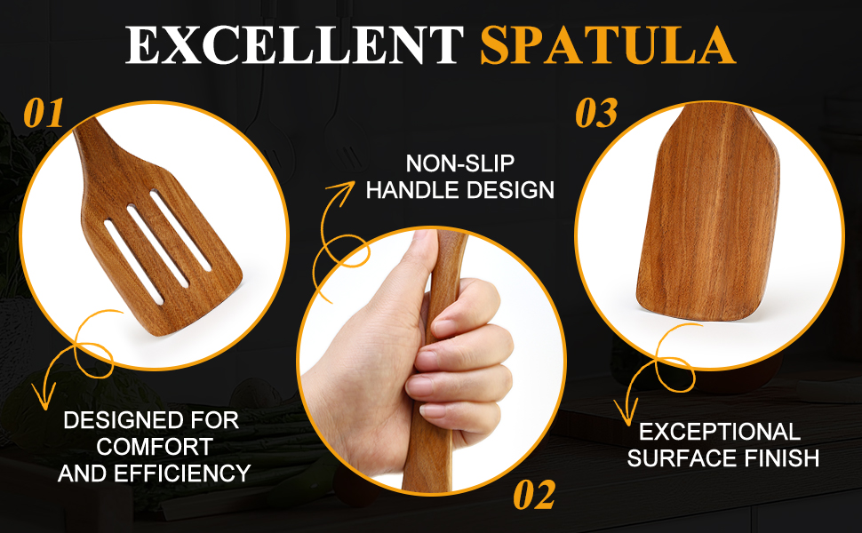 2 PCS Acacia Wood Spatula for Cooking Utensil Set Baking Spatulas for Kitchen Use Accessories Flat Slotted Turner Non Toxic Olive Wooden Utensils Non Stick Bamboo Serving Spatula Long Wok Spatulas