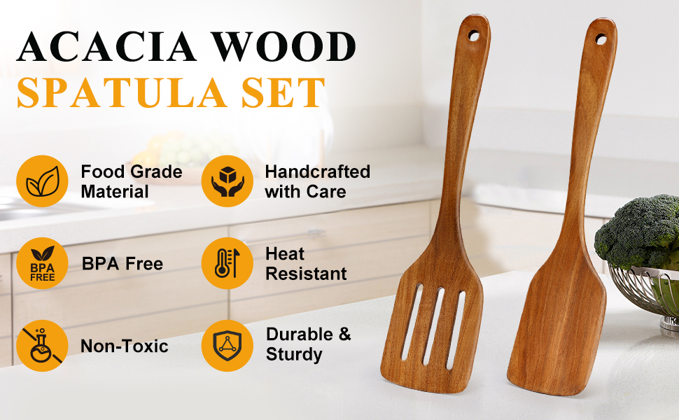 2 PCS Acacia Wood Spatula for Cooking Utensil Set Baking Spatulas for Kitchen Use Accessories Flat Slotted Turner Non Toxic Olive Wooden Utensils Non Stick Bamboo Serving Spatula Long Wok Spatulas