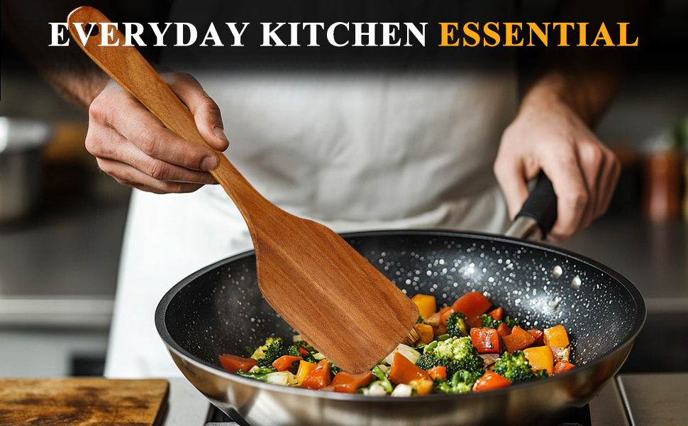 2 PCS Acacia Wood Spatula for Cooking Utensil Set Baking Spatulas for Kitchen Use Accessories Flat Slotted Turner Non Toxic Olive Wooden Utensils Non Stick Bamboo Serving Spatula Long Wok Spatulas