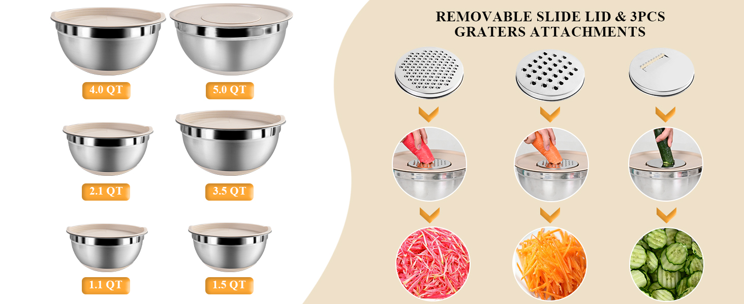 Mixing Bowls with Airtight Lids Set, 20 PCS Kitchen Gadgets Set, 6 Stainless Steel Bowls,3 Grater Attachments,Non-Slip Silicone Bottoms,Great for Serving&Baking,Size 5, 4, 3.5, 2.1, 1.5, 1.1QT (Khaki)