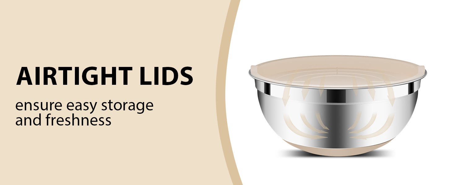 Mixing Bowls with Airtight Lids Set, 20 PCS Kitchen Gadgets Set, 6 Stainless Steel Bowls,3 Grater Attachments,Non-Slip Silicone Bottoms,Great for Serving&Baking,Size 5, 4, 3.5, 2.1, 1.5, 1.1QT (Khaki)