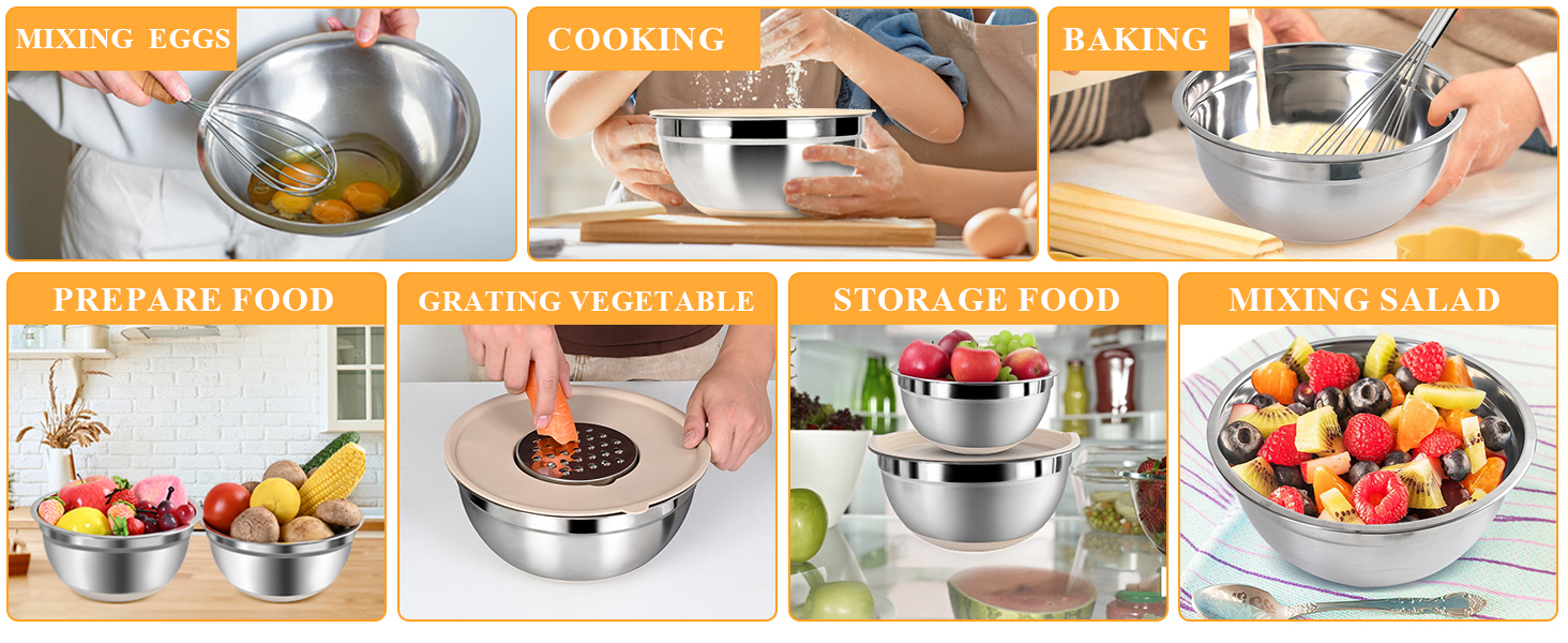 Mixing Bowls with Airtight Lids Set, 20 PCS Kitchen Gadgets Set, 6 Stainless Steel Bowls,3 Grater Attachments,Non-Slip Silicone Bottoms,Great for Serving&Baking,Size 5, 4, 3.5, 2.1, 1.5, 1.1QT (Khaki)