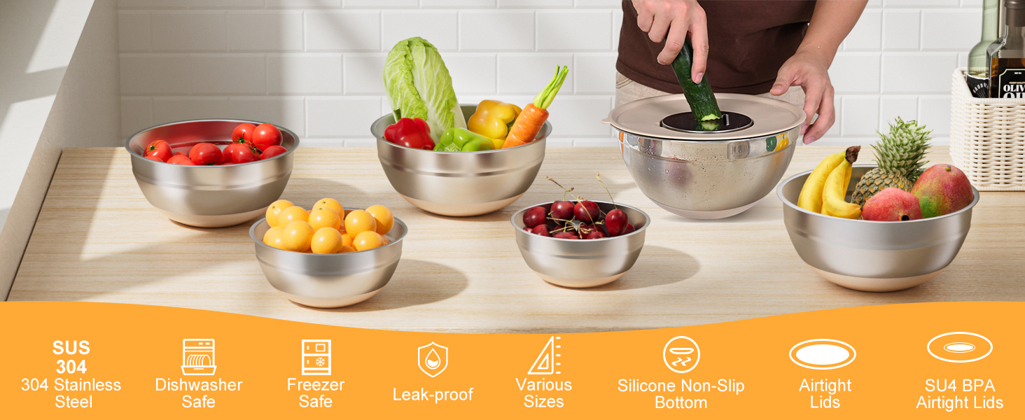 Mixing Bowls with Airtight Lids Set, 20 PCS Kitchen Gadgets Set, 6 Stainless Steel Bowls,3 Grater Attachments,Non-Slip Silicone Bottoms,Great for Serving&Baking,Size 5, 4, 3.5, 2.1, 1.5, 1.1QT (Khaki)