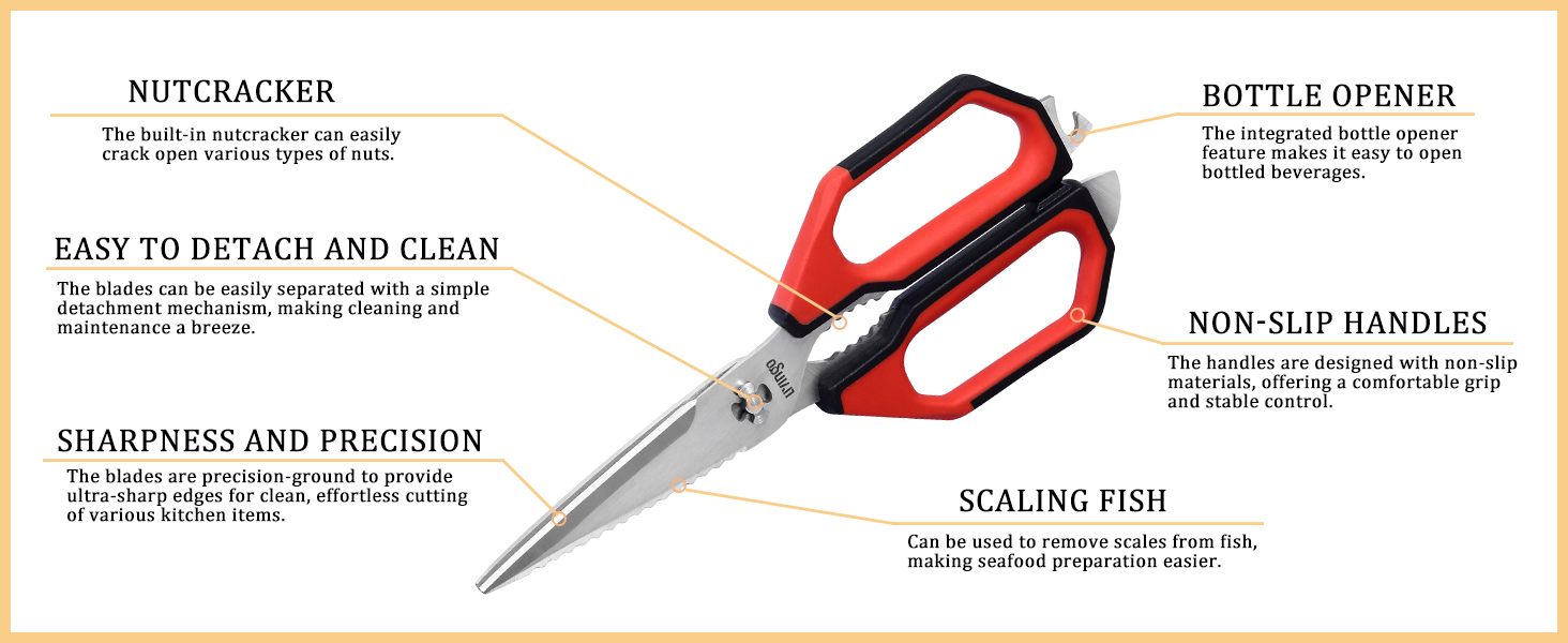 LIVINGO Kitchen Scissors Set All Purpose - Heavy Duty Stainless Steel Come Apart Food Shears for Cutting Meat, Vegetables, Dishwasher safe, 2 Pack, Red Black Multi-Function Handles